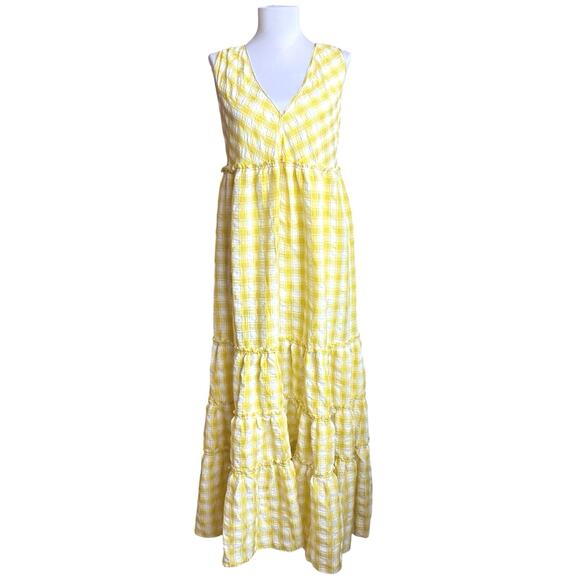 NEW FREE PEOPLE Beach Club Gingham Maxi Dress Size M Yellow White Tiered Raw Hem - Picture 3 of 10